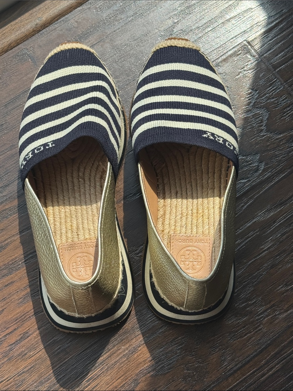 Tory Burch Navy  and Cream Striped Espadrille Slip-Ons w/ Gold Metallic Heel